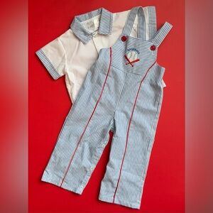 Vintage 90s Eaton’s Blue and White Striped Overalls with Red Trim